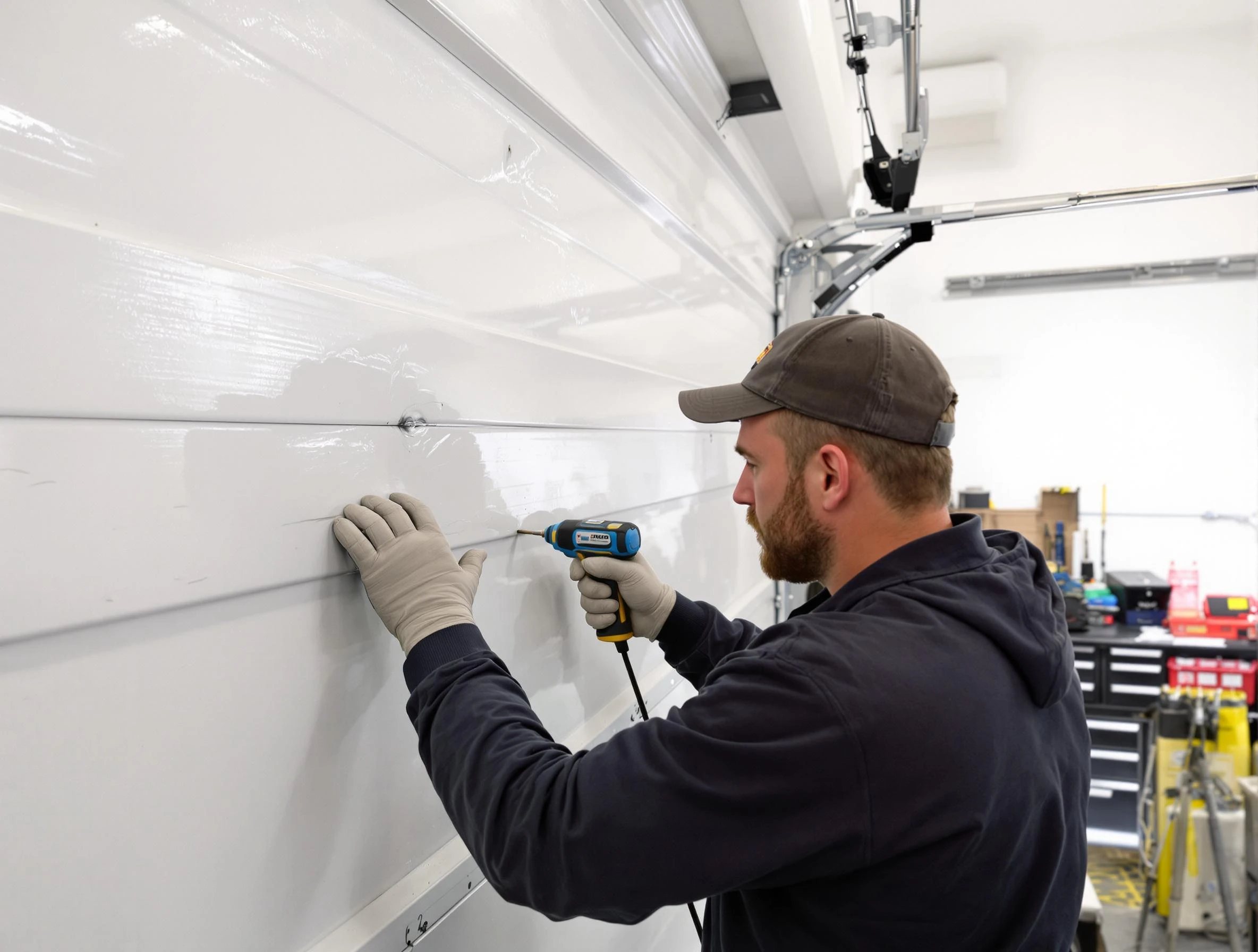 Union Garage Door Repair technician demonstrating precision dent removal techniques on a Union garage door